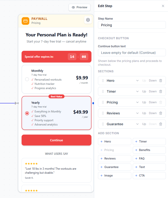 Section-based paywall editor