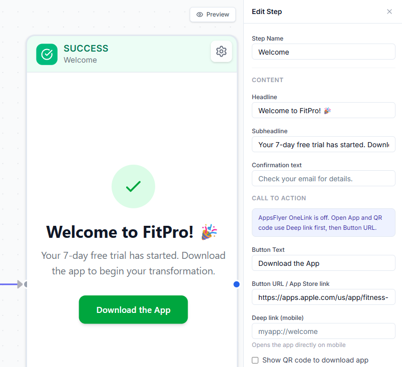 Success screen with App Store and Google Play handoff